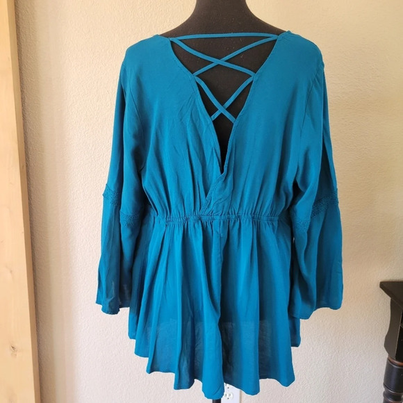 NO BOUNDARIES Teal V Neck Flowy Longsleeve Blouse - Picture 5 of 7
